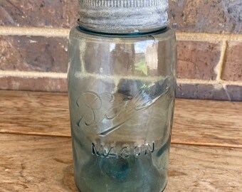 Vintage 1900-1910 1 QT. Blue Ball Mason Canning Jar Zinc and Glass Lid BUBBLES