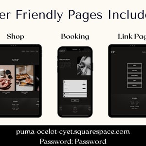 Puede incluir: Tres capturas de pantalla de un sitio web sobre un fondo negro. La primera captura de pantalla muestra una p&aacute;gina de tienda con el texto "SHOP" en la parte superior. La segunda captura de pantalla muestra una p&aacute;gina de reserva con el texto "APPOINTMENT" en la parte superior. La tercera captura de pantalla muestra una p&aacute;gina de enlace con el texto "UP" en la parte superior. La direcci&oacute;n del sitio web es "puma-ocelot-cyet.squarespace.com" y la contrase&ntilde;a es "Password".