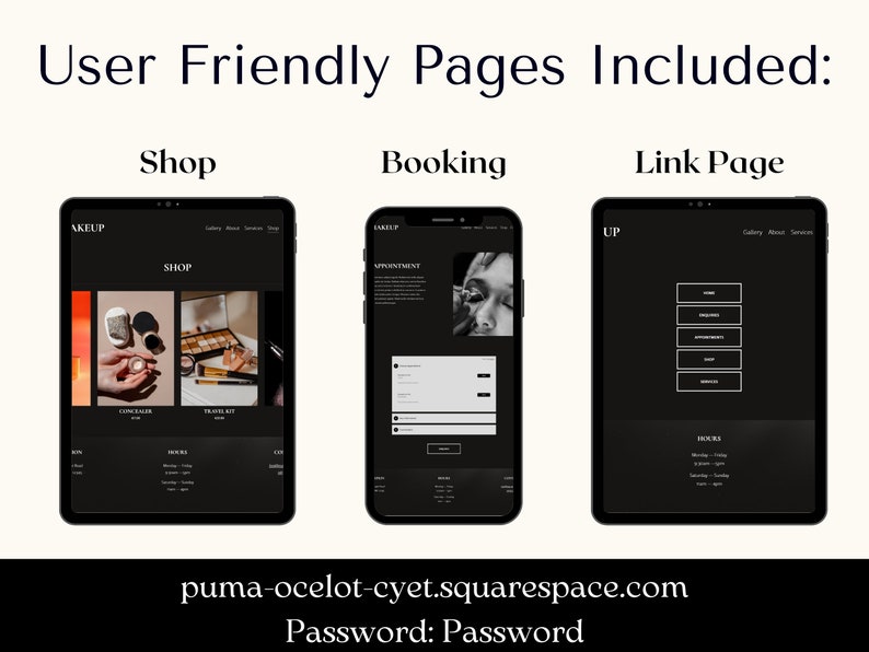 Puede incluir: Tres capturas de pantalla de un sitio web sobre un fondo negro. La primera captura de pantalla muestra una p&aacute;gina de tienda con el texto "SHOP" en la parte superior. La segunda captura de pantalla muestra una p&aacute;gina de reserva con el texto "APPOINTMENT" en la parte superior. La tercera captura de pantalla muestra una p&aacute;gina de enlace con el texto "UP" en la parte superior. La direcci&oacute;n del sitio web es "puma-ocelot-cyet.squarespace.com" y la contrase&ntilde;a es "Password".