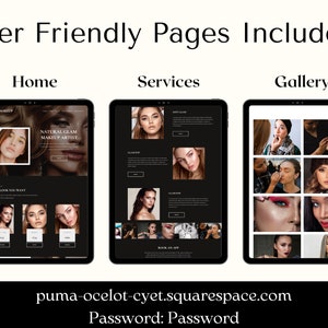 Puede incluir: Tres capturas de pantalla de un sitio web para una maquilladora. La primera captura de pantalla muestra la p&aacute;gina de inicio con el texto "Natural Glam Makeup Artist" y "Get the Look You Want". La segunda captura de pantalla muestra la p&aacute;gina de servicios con el texto "Soft Glow" y "Glam Up". La tercera captura de pantalla muestra la p&aacute;gina de la galer&iacute;a con una cuadr&iacute;cula de fotos de diferentes personas con maquillaje.