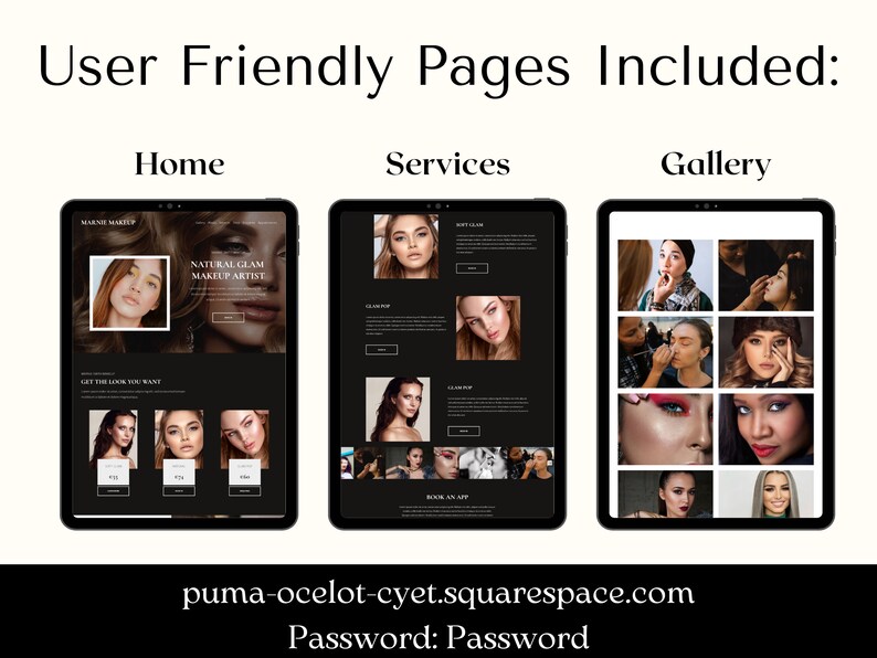 Puede incluir: Tres capturas de pantalla de un sitio web para una maquilladora. La primera captura de pantalla muestra la p&aacute;gina de inicio con el texto "Natural Glam Makeup Artist" y "Get the Look You Want". La segunda captura de pantalla muestra la p&aacute;gina de servicios con el texto "Soft Glow" y "Glam Up". La tercera captura de pantalla muestra la p&aacute;gina de la galer&iacute;a con una cuadr&iacute;cula de fotos de diferentes personas con maquillaje.