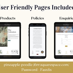 Puede incluir: Imagen que muestra las p&aacute;ginas de f&aacute;cil uso de un sitio web: Productos, Pol&iacute;ticas y Consultas. Cada p&aacute;gina se muestra en un dispositivo digital, con la direcci&oacute;n y la contrase&ntilde;a del sitio web en la parte inferior. La p&aacute;gina de Productos presenta arte abstracto.