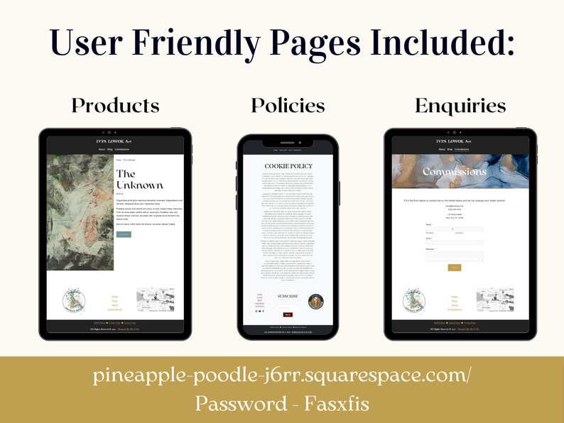 Puede incluir: Imagen que muestra las p&aacute;ginas de f&aacute;cil uso de un sitio web: Productos, Pol&iacute;ticas y Consultas. Cada p&aacute;gina se muestra en un dispositivo digital, con la direcci&oacute;n y la contrase&ntilde;a del sitio web en la parte inferior. La p&aacute;gina de Productos presenta arte abstracto.