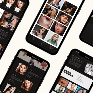 Puede incluir: Un dise&ntilde;o de sitio web en blanco y negro para una maquilladora. El sitio web presenta una variedad de im&aacute;genes del trabajo de la artista, incluyendo primeros planos de ojos y labios, as&iacute; como looks de maquillaje de rostro completo. El sitio web tambi&eacute;n incluye informaci&oacute;n sobre los servicios de la artista, los precios y la informaci&oacute;n de contacto.