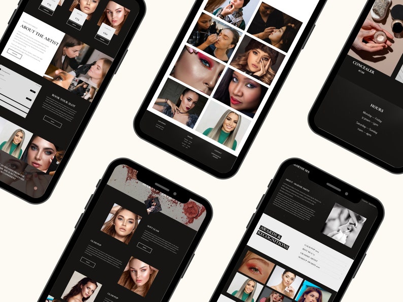 Puede incluir: Un dise&ntilde;o de sitio web en blanco y negro para una maquilladora. El sitio web presenta una variedad de im&aacute;genes del trabajo de la artista, incluyendo primeros planos de ojos y labios, as&iacute; como looks de maquillaje de rostro completo. El sitio web tambi&eacute;n incluye informaci&oacute;n sobre los servicios de la artista, los precios y la informaci&oacute;n de contacto.