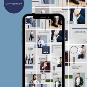 Puede incluir: Un collage de imágenes que muestran moda masculina, incluyendo una variedad de estilos de ropa, accesorios y citas sobre estilo y moda. Las imágenes están dispuestas en una cuadrícula en la pantalla de un teléfono. El texto "Download Now" aparece en la parte superior de la imagen.