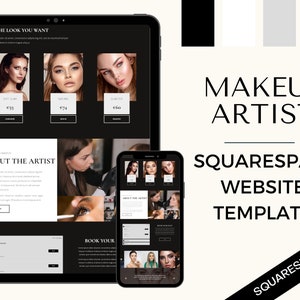 Puede incluir: Una maqueta en blanco y negro de una plantilla de sitio web de Squarespace para un artista de maquillaje. El sitio web presenta un fondo negro con texto e im&aacute;genes blancas. El sitio web incluye una secci&oacute;n para reservar citas, una secci&oacute;n sobre el artista y una secci&oacute;n que muestra diferentes looks de maquillaje.