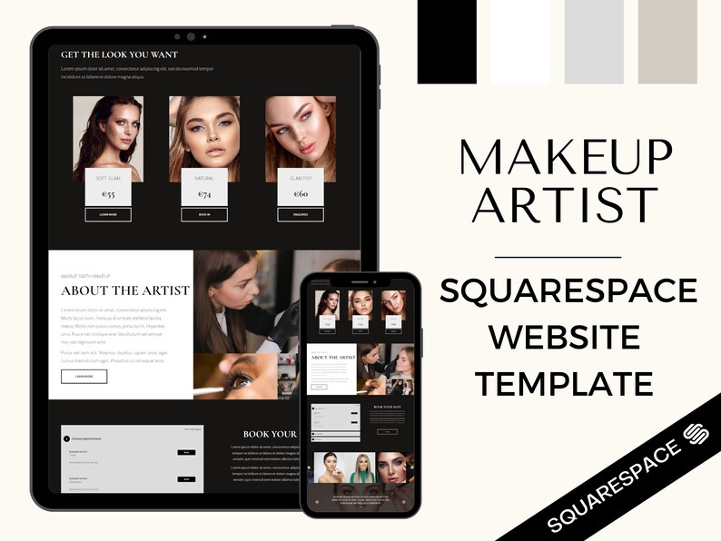 Puede incluir: Una maqueta en blanco y negro de una plantilla de sitio web de Squarespace para un artista de maquillaje. El sitio web presenta un fondo negro con texto e im&aacute;genes blancas. El sitio web incluye una secci&oacute;n para reservar citas, una secci&oacute;n sobre el artista y una secci&oacute;n que muestra diferentes looks de maquillaje.