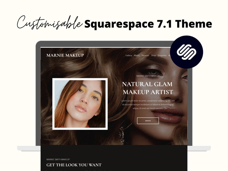 Puede incluir: Una maqueta de sitio web para una maquilladora llamada Marnie Smith Makeup. El sitio web presenta una foto de una mujer con maquillaje natural glam, una llamada a la acci&oacute;n para reservar una cita y el texto "Natural Glam Makeup Artist".