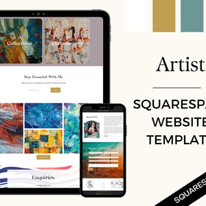 Puede incluir: Una maqueta digital de una plantilla de sitio web de Squarespace para artistas, que se muestra en una tableta y un tel&eacute;fono inteligente. La tableta muestra secciones para colecciones y comisiones, mientras que el tel&eacute;fono muestra una biograf&iacute;a y un formulario de contacto. Tambi&eacute;n se ve el texto "Artist" y "Squarespace Website Template".