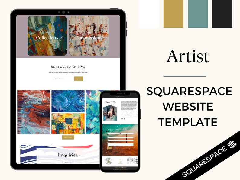 Puede incluir: Una maqueta digital de una plantilla de sitio web de Squarespace para artistas, que se muestra en una tableta y un tel&eacute;fono inteligente. La tableta muestra secciones para colecciones y comisiones, mientras que el tel&eacute;fono muestra una biograf&iacute;a y un formulario de contacto. Tambi&eacute;n se ve el texto "Artist" y "Squarespace Website Template".