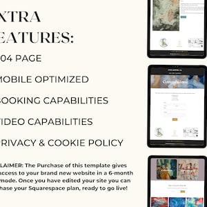 Puede incluir: Una maqueta digital que muestra una plantilla de sitio web en m&uacute;ltiples dispositivos. El texto destaca caracter&iacute;sticas adicionales: p&aacute;gina 404, optimizado para m&oacute;viles, capacidades de reserva, capacidades de v&iacute;deo y pol&iacute;tica de privacidad y cookies. El descargo de responsabilidad menciona una prueba de 6 meses.