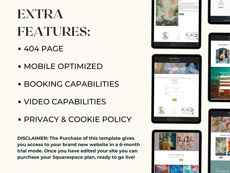 Puede incluir: Una maqueta digital que muestra una plantilla de sitio web en m&uacute;ltiples dispositivos. El texto destaca caracter&iacute;sticas adicionales: p&aacute;gina 404, optimizado para m&oacute;viles, capacidades de reserva, capacidades de v&iacute;deo y pol&iacute;tica de privacidad y cookies. El descargo de responsabilidad menciona una prueba de 6 meses.