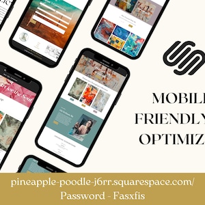 Puede incluir: Varios smartphones muestran un sitio web con arte abstracto colorido. La imagen incluye el texto "Mobile Friendly & Optimized" y una direcci&oacute;n web. El sitio web presenta obras de arte y una secci&oacute;n de tienda.