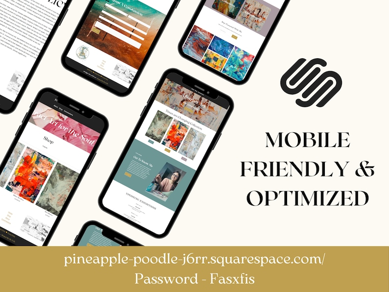 Puede incluir: Varios smartphones muestran un sitio web con arte abstracto colorido. La imagen incluye el texto "Mobile Friendly & Optimized" y una direcci&oacute;n web. El sitio web presenta obras de arte y una secci&oacute;n de tienda.