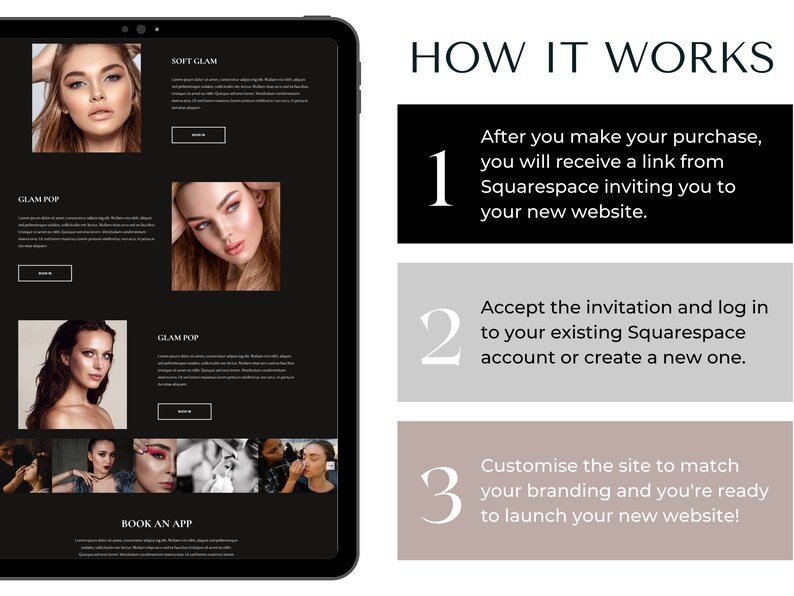 Puede incluir: Una captura de pantalla de un sitio web en una tableta que muestra c&oacute;mo crear un sitio web usando Squarespace. El sitio web es para un maquillador y presenta fotos de modelos con diferentes looks de maquillaje. El texto en la pantalla dice "C&oacute;mo funciona" y describe los pasos para crear un sitio web.