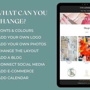 Puede incluir: Una tableta digital muestra un sitio web que presenta arte abstracto. La pantalla muestra el texto "Abstract Art for the Soul" y una secci&oacute;n de tienda con varias obras de arte. El lado izquierdo enumera opciones para personalizar el sitio web.