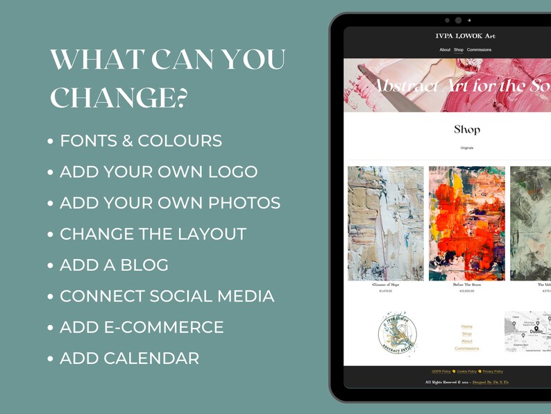 Puede incluir: Una tableta digital muestra un sitio web que presenta arte abstracto. La pantalla muestra el texto "Abstract Art for the Soul" y una secci&oacute;n de tienda con varias obras de arte. El lado izquierdo enumera opciones para personalizar el sitio web.