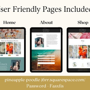 Puede incluir: Tres tabletas digitales que muestran p&aacute;ginas web: Inicio, Acerca de y Tienda. La p&aacute;gina de inicio presenta arte abstracto y el texto "Times are Changing Collections". La p&aacute;gina Acerca de incluye una foto y texto. La p&aacute;gina Tienda muestra arte. Direcci&oacute;n del sitio web y contrase&ntilde;a en la parte inferior.