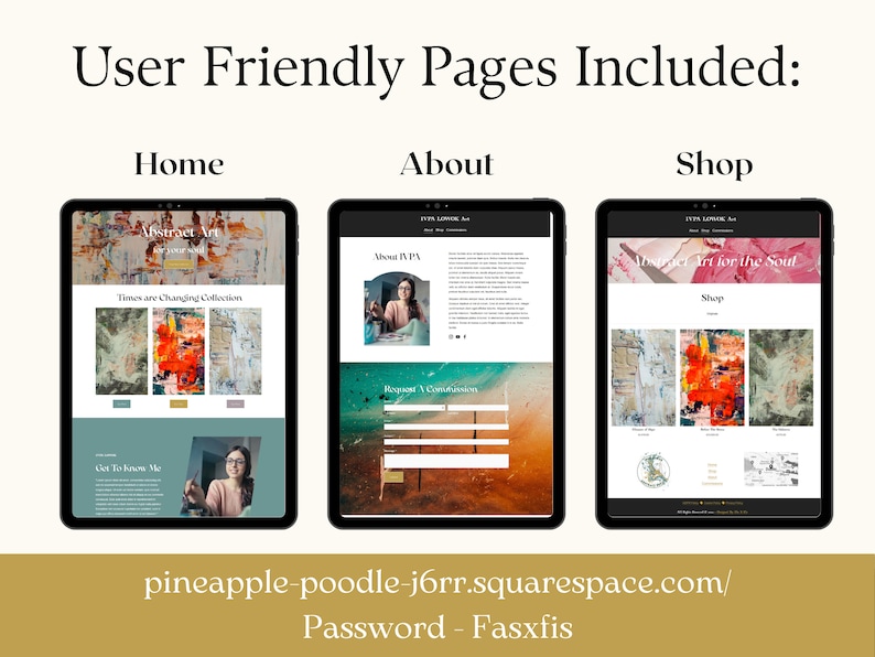 Puede incluir: Tres tabletas digitales que muestran p&aacute;ginas web: Inicio, Acerca de y Tienda. La p&aacute;gina de inicio presenta arte abstracto y el texto "Times are Changing Collections". La p&aacute;gina Acerca de incluye una foto y texto. La p&aacute;gina Tienda muestra arte. Direcci&oacute;n del sitio web y contrase&ntilde;a en la parte inferior.