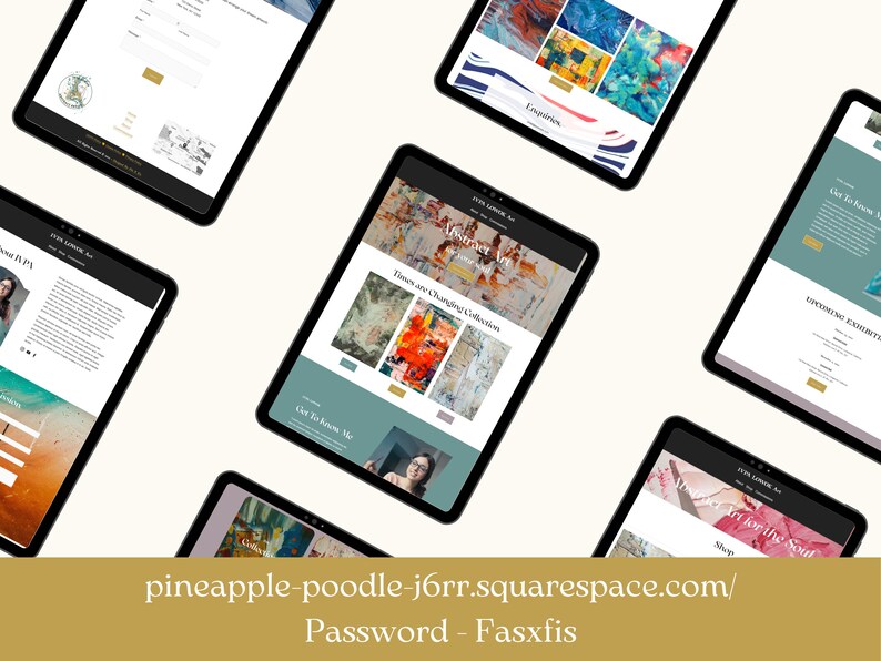 Puede incluir: Varias tabletas muestran un sitio web con arte abstracto. El sitio incluye una galer&iacute;a, informaci&oacute;n del artista y datos de contacto. Las tabletas est&aacute;n dispuestas sobre un fondo claro. La direcci&oacute;n del sitio web y la contrase&ntilde;a son visibles en la parte inferior.