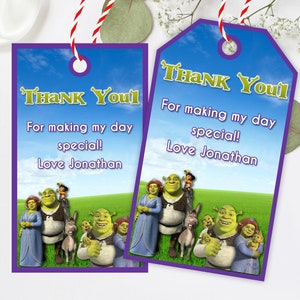 Shrek Geburtstag Danke Tags, druckbare lustige Gastgeschenk, digitaler Download für Kinder, benutzerdefinierte Geburtstagsfeier Druckdatei