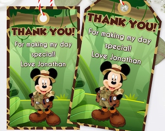 Etiquetas de agradecimiento de Mickey Mouse Safari, fiesta de cumpleaños en la jungla (archivo digital)