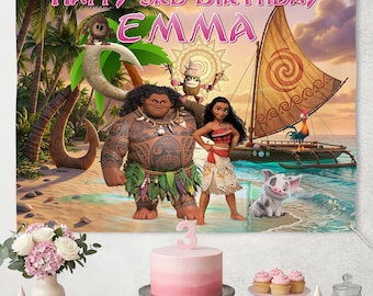 Spersonalizowane tło urodzinowe Moana, spersonalizowany baner na imprezę na tropikalnej plaży z imieniem i wiekiem