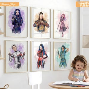 May include: Six framed watercolour prints featuring characters from a movie. The characters are in colourful outfits with vibrant backgrounds. The prints are displayed on a white wall in a child's room. The text "Download Full Set" is visible.