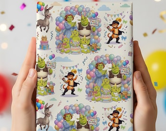 Shrek Birthday Wrapping Paper, Fairytale Gift Wrap, Puss in Boots Donkey