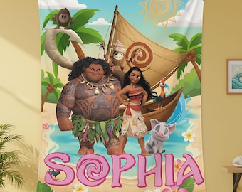Personalized Moana Maui Blanket, Custom Name Tropical Princess Fleece Throw