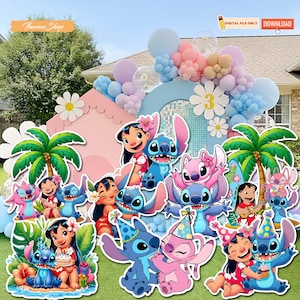 May include: A colorful party decoration set featuring cartoon characters, including a blue alien and a girl, with a pink house, palm trees, and balloons. The scene is set outdoors with a blue arch and the number 3.
