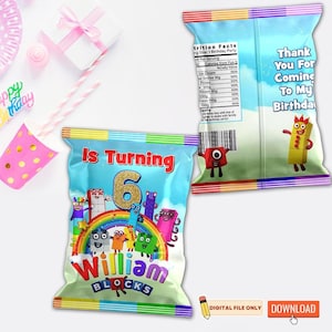 Numberblocks Chip Bags Printable File, Custom Birthday Party Favors Bags Digital Download, Numberblocks Birthday Decor for Kids