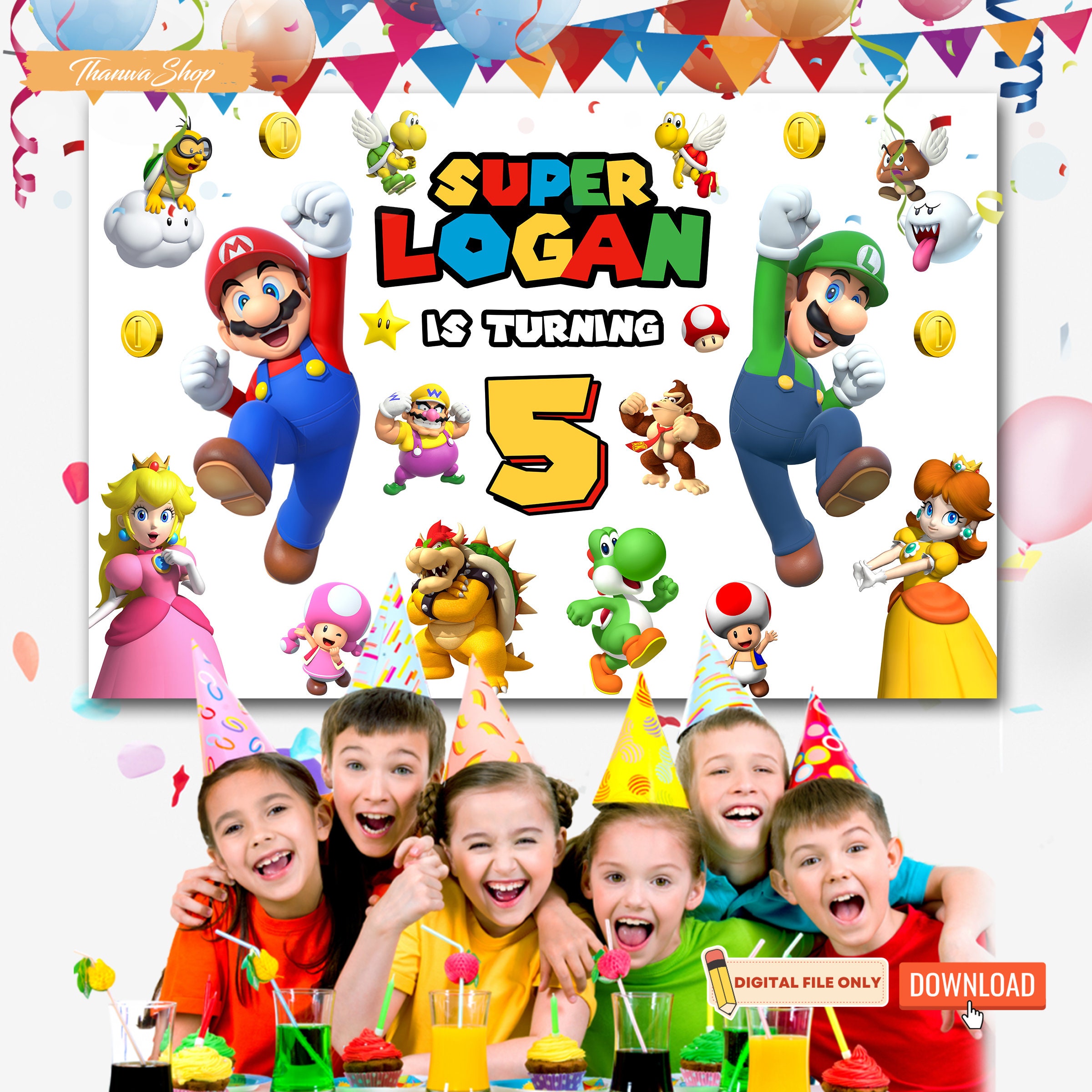 Bannière d'anniversaire de Super Mario, décoration de fête de