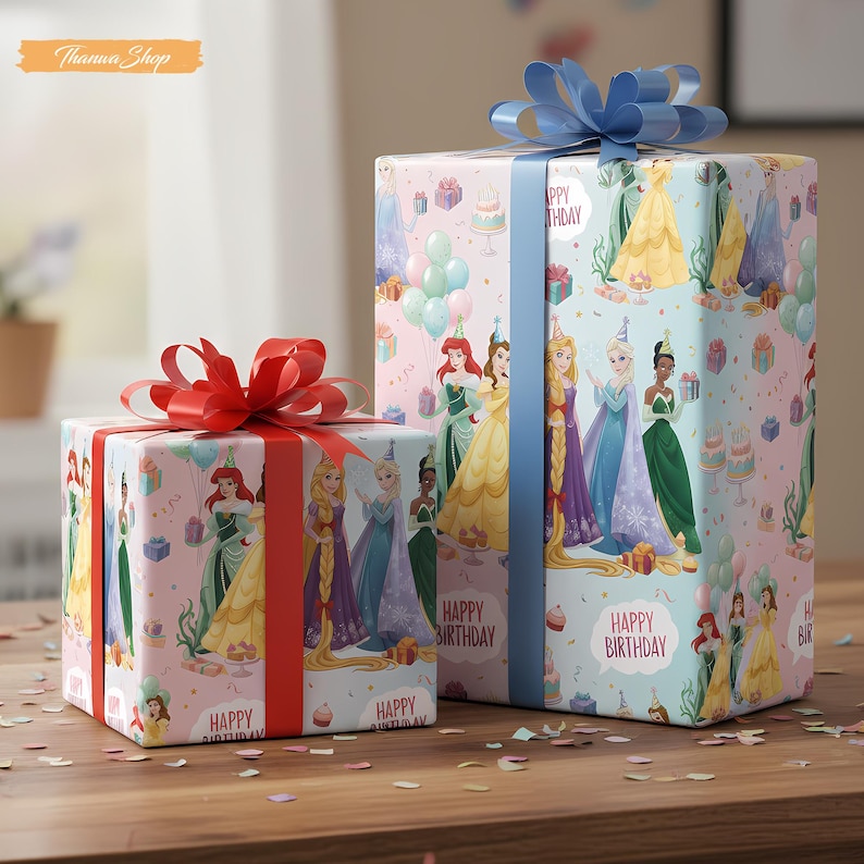 May include: Two gift boxes wrapped in princess-themed paper, featuring illustrations of various princesses, balloons, and cakes. The boxes are tied with red and blue ribbons. The text "Happy Birthday" is visible on the wrapping paper.