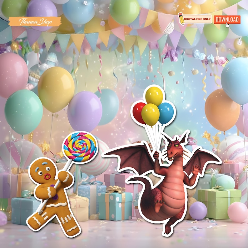 Pu&ograve; includere: Una scena di festa con palloncini colorati, festoni e scatole regalo. Presenta un omino di pan di zenzero con un lecca-lecca e un drago rosso con palloncini. Lo sfondo include il testo "Digital File Only" e "Download".