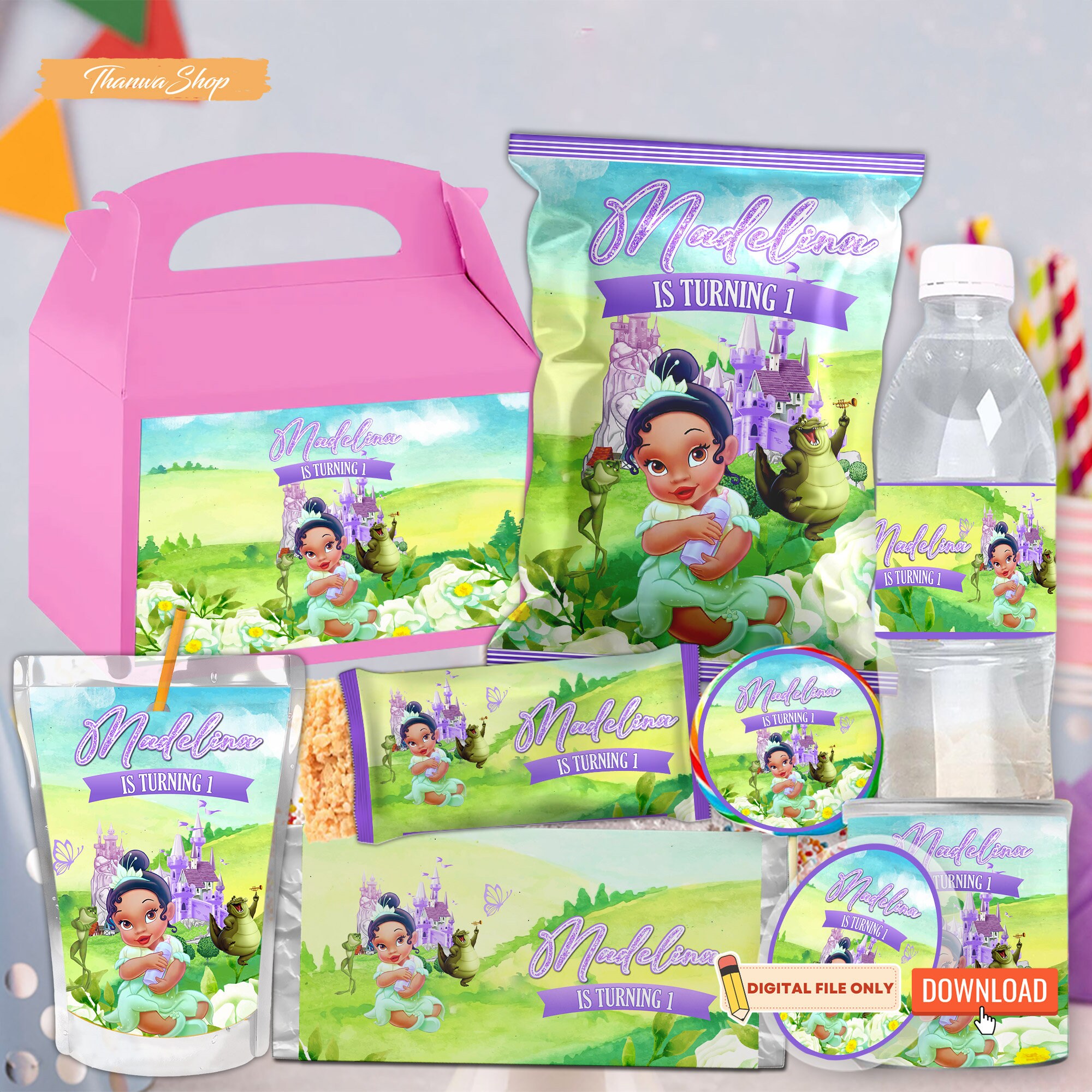 Printable Baby Princess Tiana Birthday Party Favor Supplies Bundle, Custom Princess Tiana Party Package, Birthday Banner Topper Party Decor