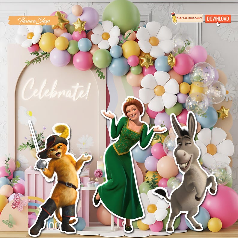 Pu&ograve; includere: Un set di decorazioni per feste con personaggi di Shrek, palloncini e decorazioni floreali. Lo sfondo include la parola "Celebrate!" in un font in stile neon. La tavolozza dei colori include rosa, verde, giallo e bianco.