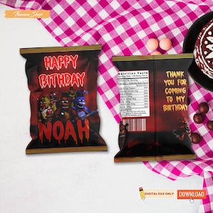 May include: Customizable birthday party favor bag with a black and red design. The front reads "HAPPY BITHDAY NOAH" with cartoon characters. The back says "THANK YOU FOR COMING TO MY BIRTHDAY" with nutrition facts.