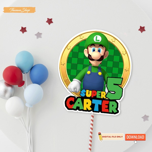 Topper de gâteau d'anniversaire Luigi Super Mario imprimable pour enfants, nom personnalisé de gâteau Luigi Mario, décoration de gâteau de fête pour garçons