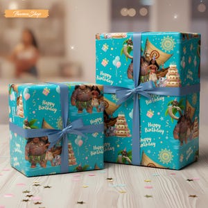 May include: Two wrapped gift boxes with a teal background featuring characters and imagery from a popular animated film. The boxes are tied with blue satin ribbon and the words "Happy Birthday" are printed on the wrapping paper.