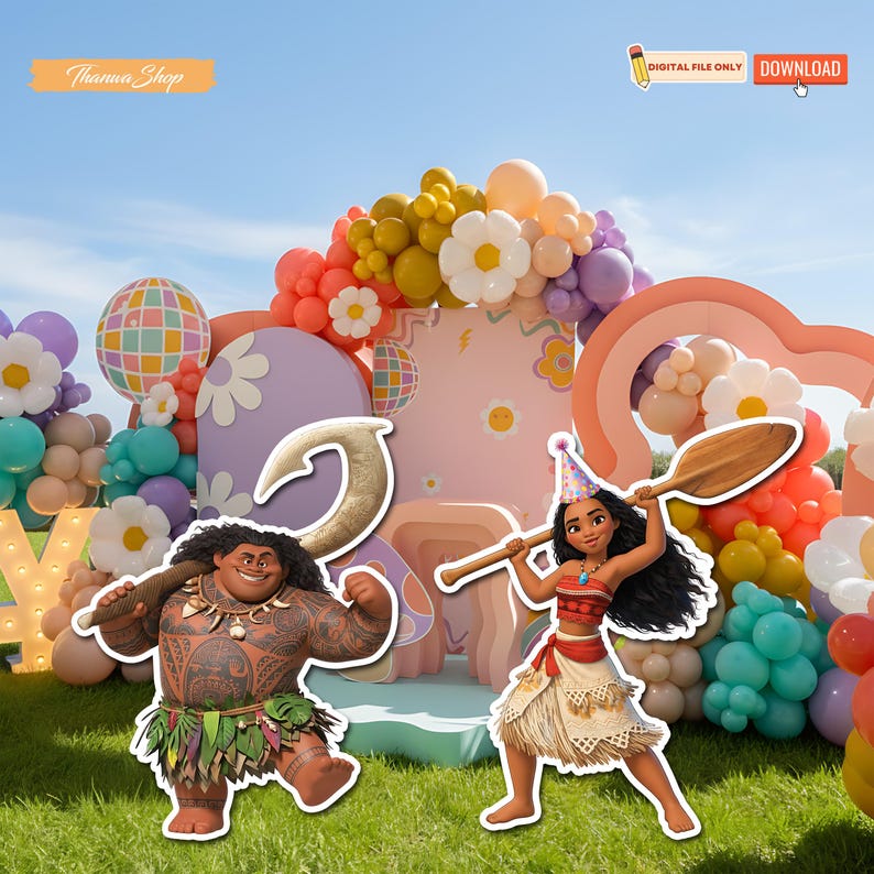 May include: A colorful party scene with cartoon cutouts of characters from the movie Moana. The background includes a large balloon arch, a rainbow, and a backdrop with floral and geometric designs. The words "Digital File Only" and "Download" are visible.