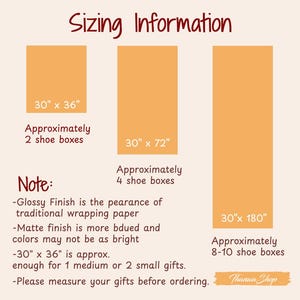 May include: Image showing wrapping paper sizing information. Three rectangles are displayed, with dimensions of 30" x 36", 30" x 72", and 30" x 180". Each size is labeled with the approximate number of shoe boxes it can wrap. Text includes notes about finish and gift size.