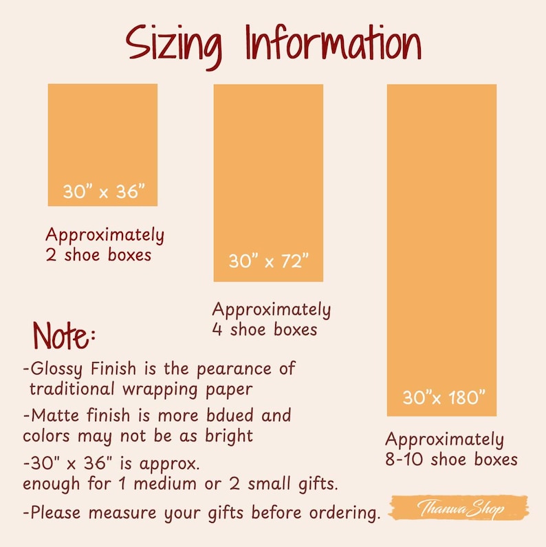 May include: Image showing wrapping paper sizing information. Three rectangles are displayed, with dimensions of 30" x 36", 30" x 72", and 30" x 180". Each size is labeled with the approximate number of shoe boxes it can wrap. Text includes notes about finish and gift size.