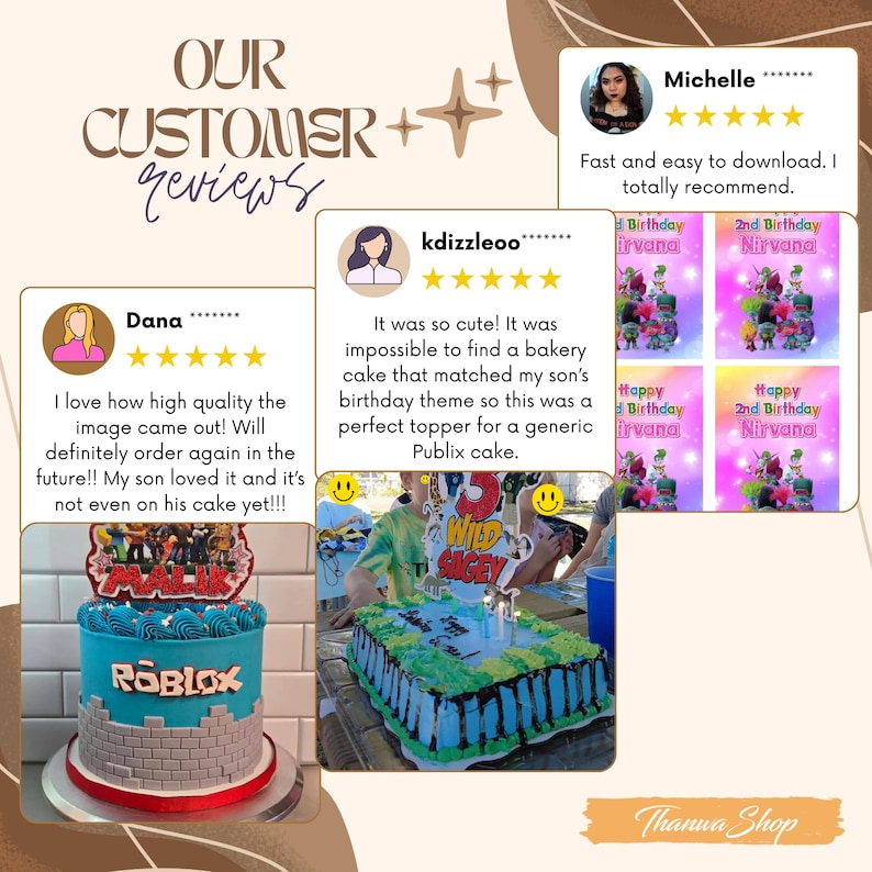 May include: Image showcasing customer reviews for a shop. The reviews highlight the quality of the images and the ease of download. The image also features two birthday cakes with toppers, one with a Roblox theme and another with a Wild & Sagey theme.
