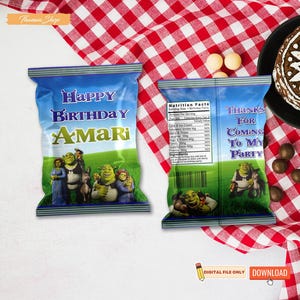 Shrek Geburtstagsparty Chip Taschen druckbar, Shrek Party Favor Lieferungen für Jungen Mädchen digitaler Download, Geburtstagsdekorationen Druck