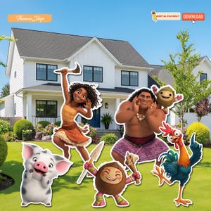 May include: Cutout figures of characters from the animated movie Moana, including Moana, Maui, Pua the pig, Hei Hei the rooster, and two Kakamora. The figures are set against a backdrop of a house and green lawn.