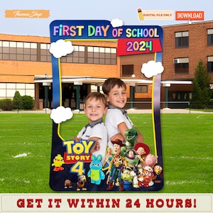 Druckbarer erster Tag der Schulfotostand Rahmen, benutzerdefinierte Toy Story Fotostand Rahmen, zurück in die Schule Dekoration digitaler Download