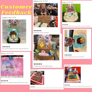Peut inclure: Commentaires clients pour un t&eacute;l&eacute;chargement num&eacute;rique d'un topper de g&acirc;teau Roblox. L'image montre une vari&eacute;t&eacute; de g&acirc;teaux d&eacute;cor&eacute;s avec les toppers, ainsi que des commentaires clients et des &eacute;valuations par &eacute;toiles.