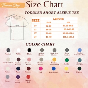 May include: A toddler short sleeve tee size chart with a line drawing of a t-shirt showing width and length measurements. The chart lists sizes 2T through 5T with corresponding measurements in inches and cm. A color chart displays 28 color options.